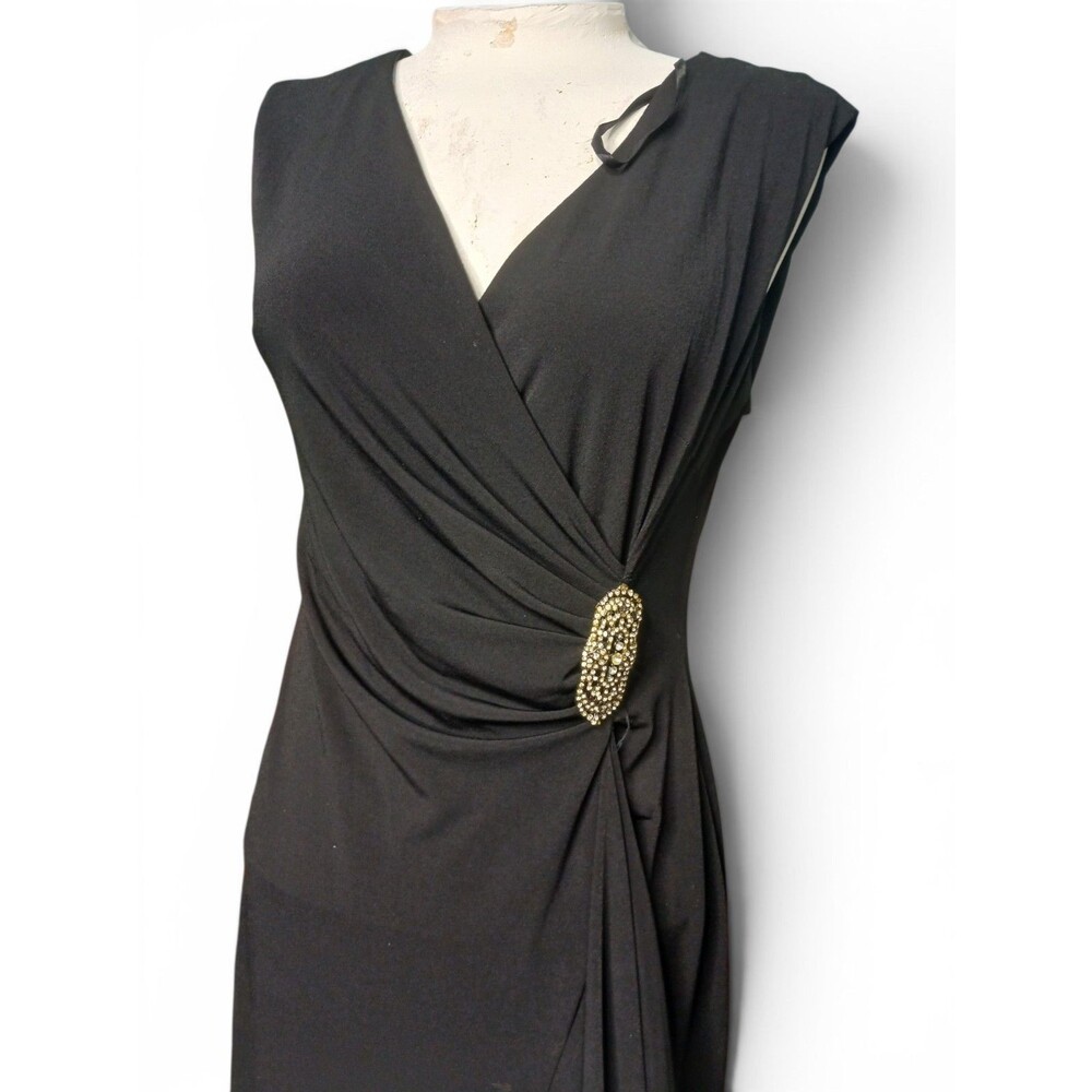 Enfocus Studio Black Ruched Midi Dress Rhinestone Brooch V-Neck Women's Size 8 - Picture 4 of 8